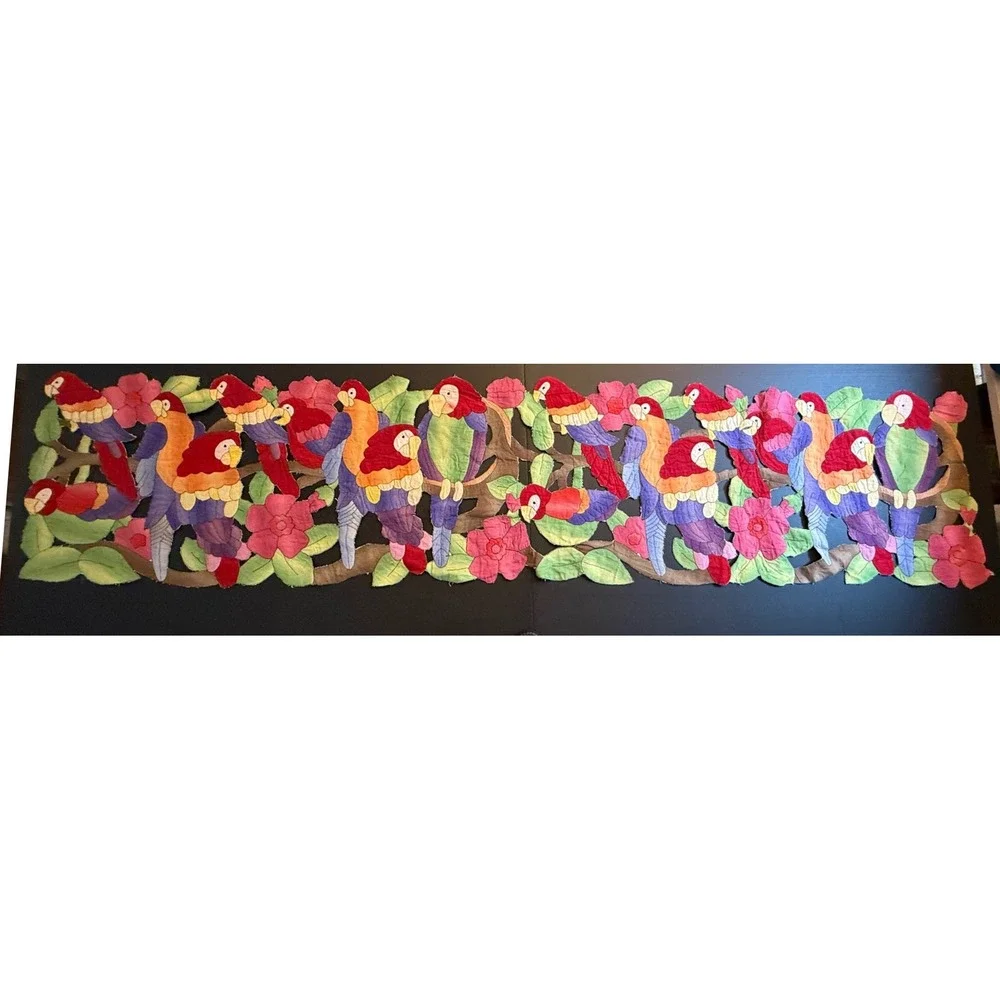 Vintage Mola Style Applique Parrot Table Runner Tropical Floral‎ Hand Stitched